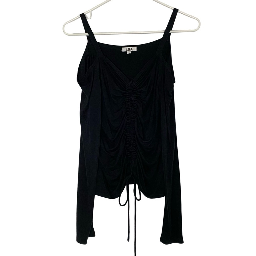 LNA Cold Shoulder Top Womens Size Small Black Ruched Long Sleeve Made In USA